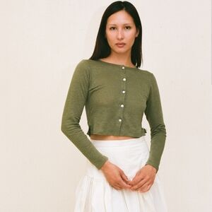 SALTER HOUSE LINEN CARDIGAN IN MOSS GREEN